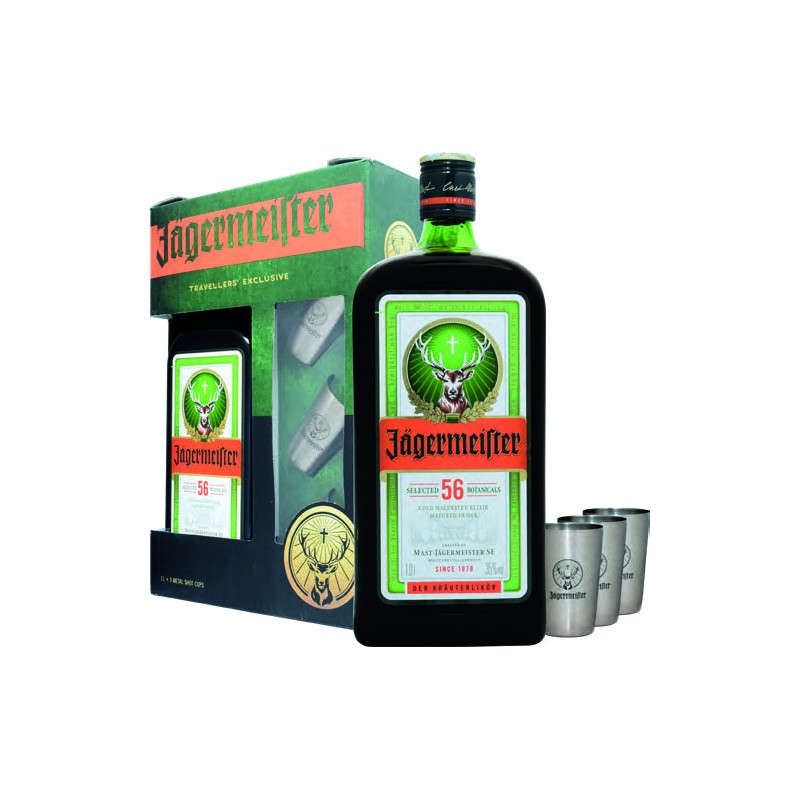 GIFT LIQUORE JAGERMEISTER 1LT  35% CON 3 METAL SHOT CUPS