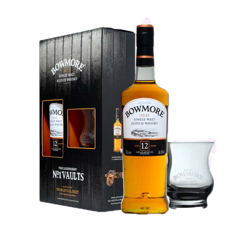 Bowmore 12 Y.O. Scotch Wiskhy - 1 bottiglia 70 cl e 1 bicchiere