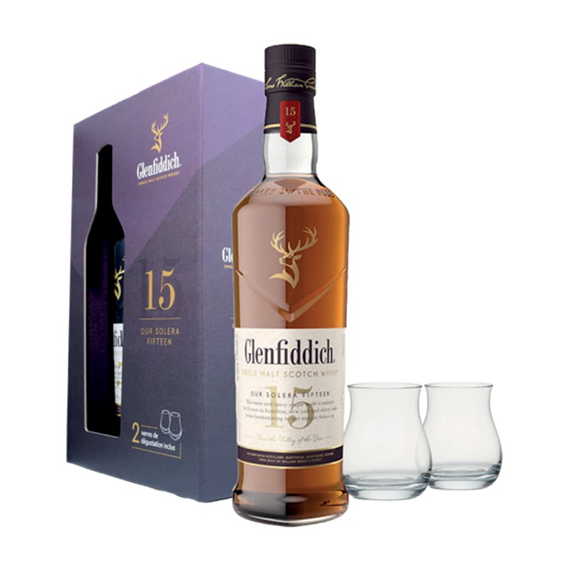 GIFT SCOTCH WHISKY GLENFIDDICH 15 Y.O. SOLERA 40% 70cl + 2BICCHIERI GIFT SCOTCH WHISKY GLENFIDDICH 15 Y.O. SOLERA 40% 70cl + 2BICCHIERI