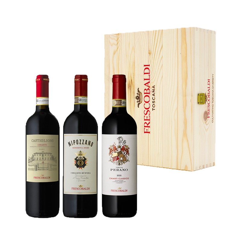 Elegante Cassetta Regalo Frescobaldi con Vini Toscani Selezionati Elegante Cassetta Regalo Frescobaldi con Vini Toscani Selezionati
