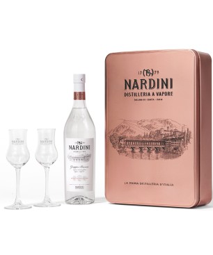 GIFT GRAPPA NARDINI BIANCA IN TIN BOX 50% 70cl + 2 BICCHIERI