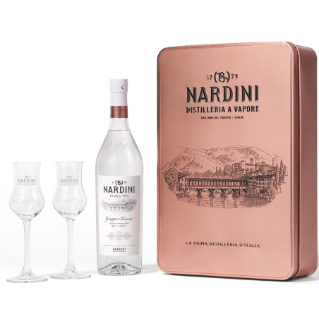 GIFT GRAPPA NARDINI BIANCA IN TIN BOX 50% 70cl + 2 BICCHIERI