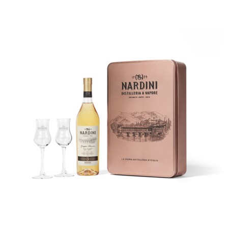 GIFT GRAPPA NARDINI RISERVA IN TIN BOX 50% 70cl + 2 BICCHIERI