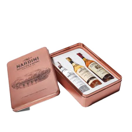 GIFT GRAPPA NARDINI IN TIN BOX 35-50% 3*35cl BIANCA, RISERVA E TAGLIATELLA